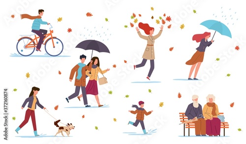 People in fall season. Guys in autumn park, riding bicycle, walking with dog, men and women with umbrella among falling leaves, pensioners sitting on bench vector flat set