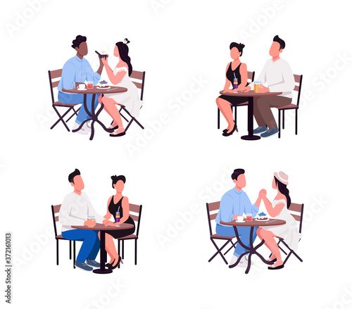 Couples sit at table flat color vector faceless character set. Man and woman in coffeeshop. Weekend romantic pastime isolated cartoon illustration for web graphic design and animation collection