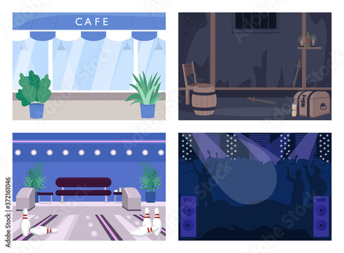 Weekend entertainment spot flat color vector illustration set. Cafe for lunch. Escape room. Bowling alley. Concert hall. Club 2D cartoon interior with decoration on background collection
