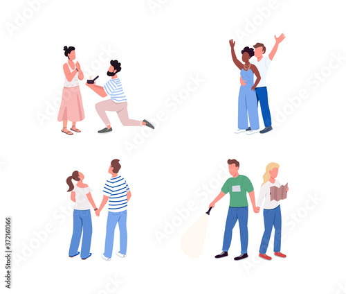 Couple entertainment flat color vector faceless character set. Man propose to woman with diamond ring. Pair pastime isolated cartoon illustration for web graphic design and animation collection