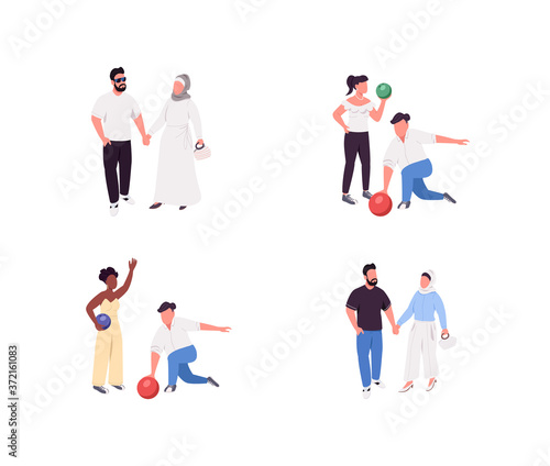 Couple activities flat color vector faceless character set. Lovers holding hands. Pair play bowling. Romantic pastime isolated cartoon illustration for web graphic design and animation collection