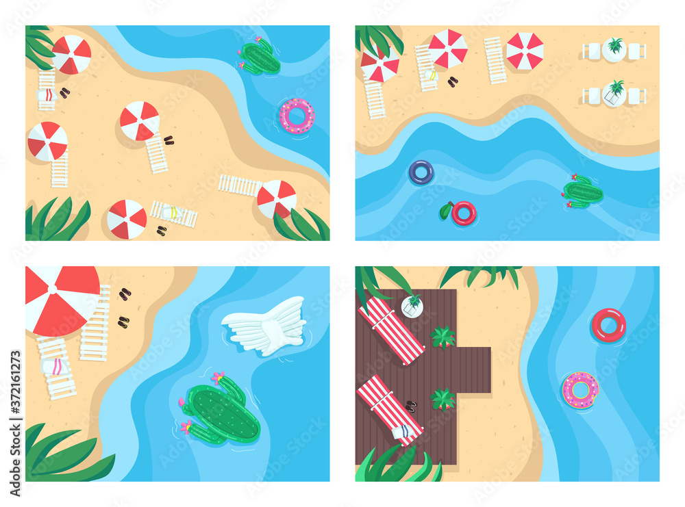 Sandy beaches flat color vector illustration set. Tropical holidays. Summer recreation places. Inflatables and beach parasols. 2D cartoon landscape with nature on background collection