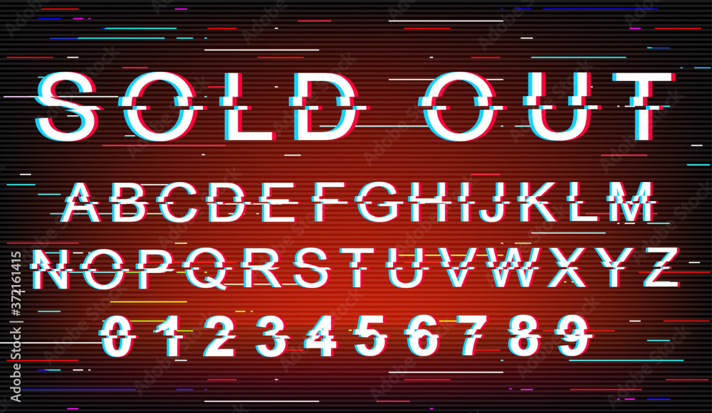 Sold out glitch font template. Retro futuristic style vector alphabet