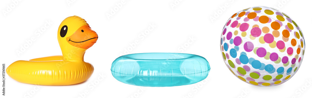 Set of inflatable beach objects on white background, banner design Set of inflatable beach objects on white background, banner design