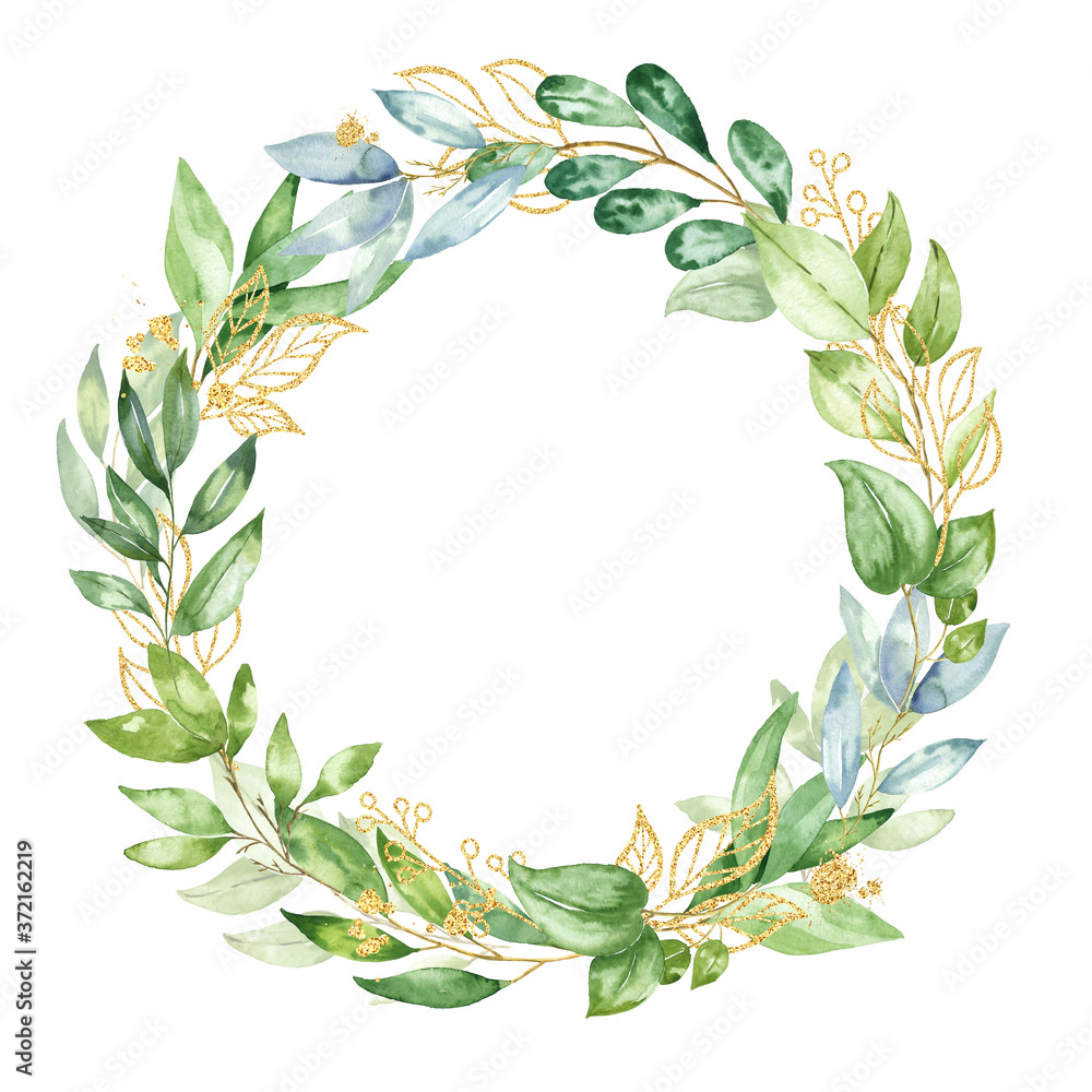 Naklejka premium Hand drawn watercolor fresh green floral wreath, laurel frame, foliage design isolated on white background. Watercolour illustration.