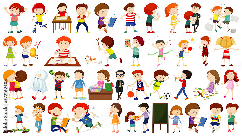 Set of different kid activities isolated on white background