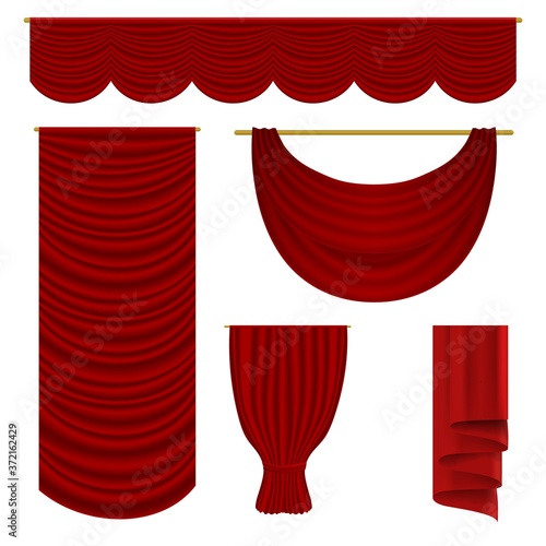 Red drapery set. Isolated vector realistic velvet textile decoration pelmet drapery design collection. Luxury top and side red curtains stage interior decor