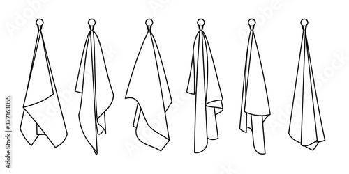 Hotel towels line icons. Cartoon clean items for bathroom, hand drawn hanging cute blank cotton textile goods for drying, vector illustration of towels isolated on white background