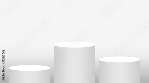 pedestal cylinder circle 3 steps for cosmetics showcase, podium circle stage white grey and silver color, platform three steps and advertising copy space, podium round five layers of product display