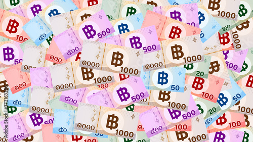 banknote money thai baht for background, money 1000, 500, 100, 50, 20 baht flat style in top view, thai currency THB for wallpaper pattern, paper money for banner background, business finance concept