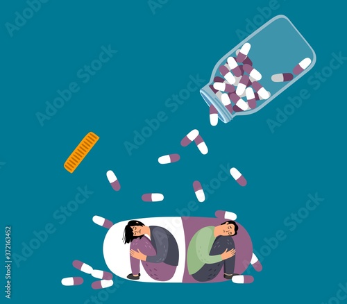 Drug addiction. Depressed people in pill, tablets falling from bottle. Medical therapy vector concept