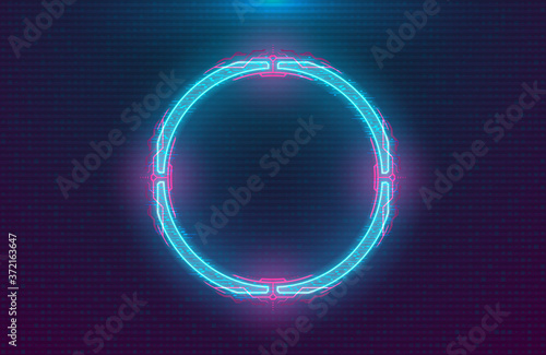 Futuristic illuminated cyberpunk hologram circle. Modern circle with blue hud neon effect and pink printed circuit board on digital background. Glow Design for Banner, Web. Cyber vector