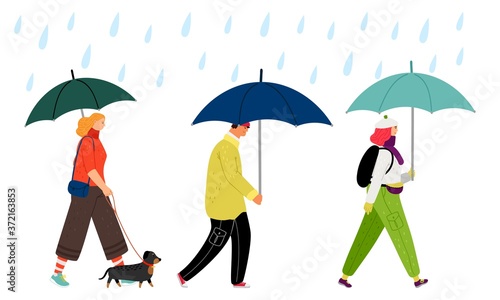 People walking under rain. Autumn weather, man woman with umbrella vector illustration