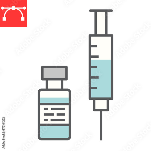 Covid-19 vaccine color line icon, coronavirus and syringe, vaccination sign vector graphics, editable stroke filled outline icon, eps 10.