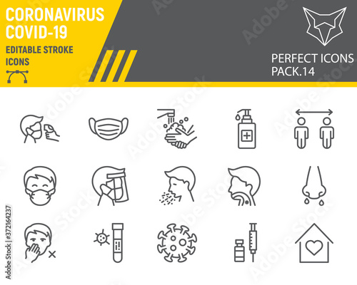 Coronavirus line icon set, prevention collection, vector sketches, logo illustrations, covid-19 icons, 2019-ncov signs linear pictograms, editable stroke.
