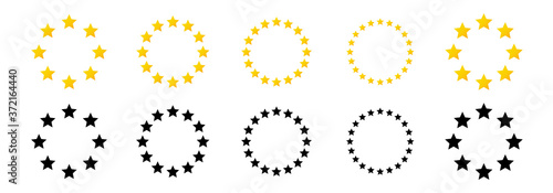 Golden star vector icons. Yellow stars in the form of a circle. Vector illustration.