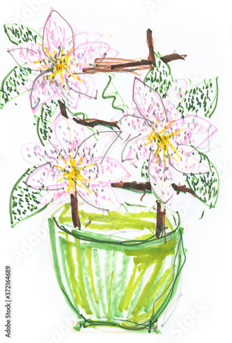 A sketch of home pink flowers in a green pot is drawn on a white background using colored markers