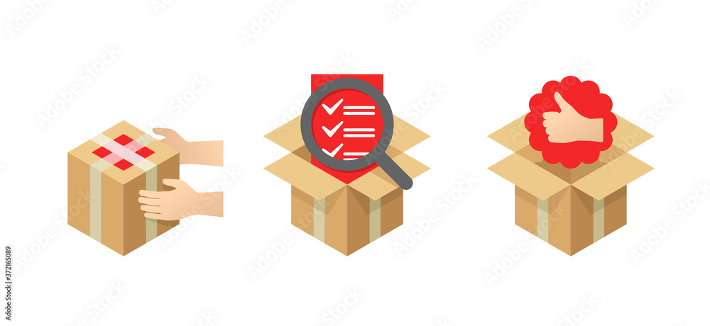 Postal delivery steps - parcel receiving, checking and satisfaction - post office concept