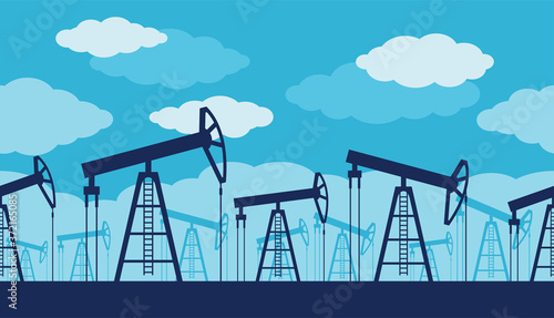 Oil production seamless pattern - oil derrick silhouettes with blue cloudy sky - petroleum industry illustration
