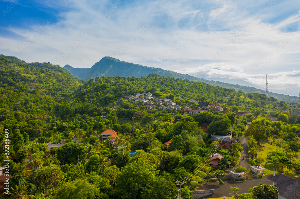 Mountainous landscape of Amed village, Aerial view. Bali.