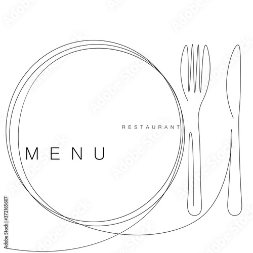 Menu restaurant fork and knife line drawing. Vector illustration