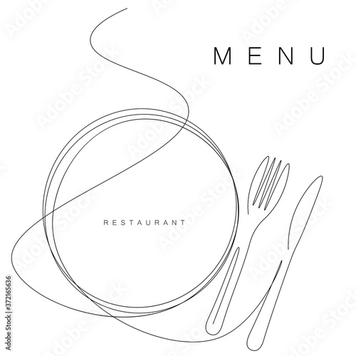 Menu restaurant fork and knife one line drawing. Vector illustration