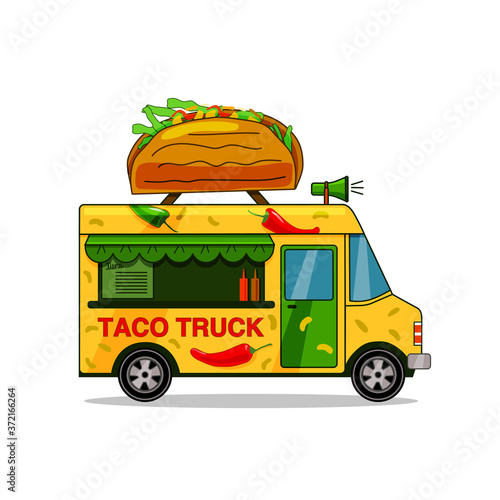 Taco truck.Street fast food truck, takeaway restaurant,  market in street isolated vector illustration in flat style.