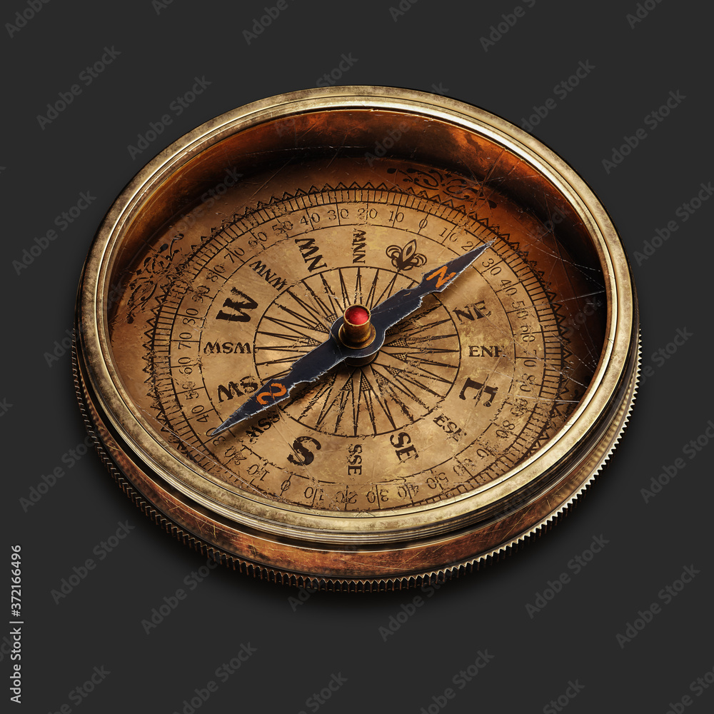 Vintage brass compass isolated on black background 3d