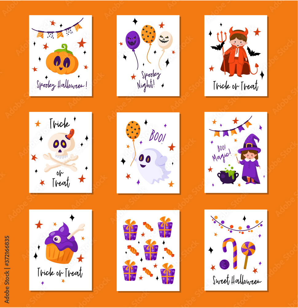 Halloween cartoon greeting card or nursery poster set - pumpkin lantern, kids in carnival costumes, magic creatures, ghost, skull, sweets, copy space for your text, pre-made vector template for print