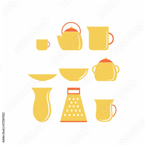 A set of yellow kitchen utensils and household items. A glass  a kettle  a bowl for tea. Vector flat illustration. Clipart on the topic of cooking. Icons for cafes  restaurants  bars  and kitchens.