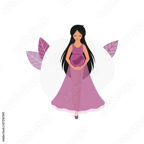 A beautiful pregnant girl in a dress hugs her stomach and holds a small child in her arms. Drawing of an embryo in the abdominal cavity.Pregnancy and motherhood. Vector flat cartoon illustration.