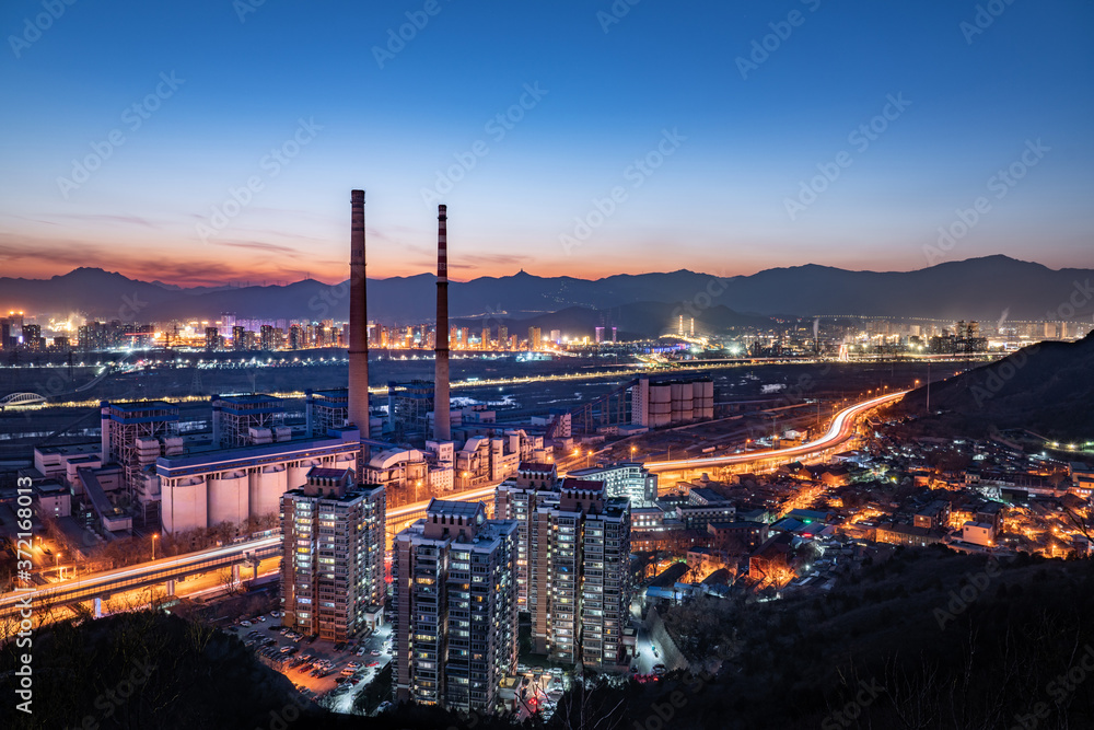 Night view of Shougang park, Shijingshan District, Beijing, China. 