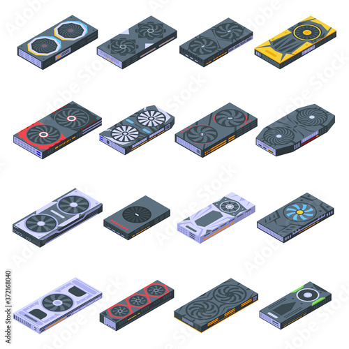 Graphics card icons set. Isometric set of graphics card vector icons for web design isolated on white background