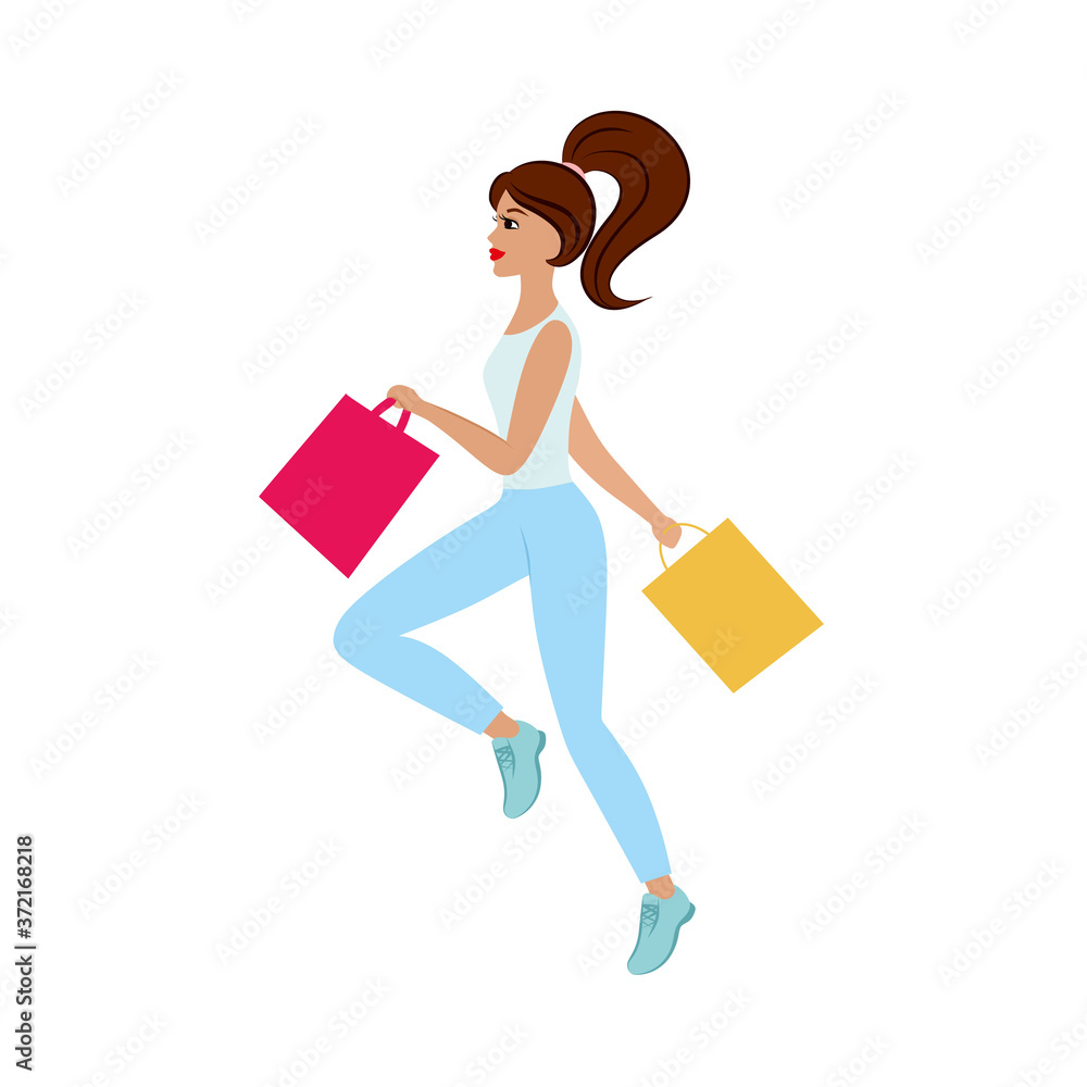 A beautiful slender girl runs to the store with shopping bags for discounts. Promotion, best offers. Advertising illustration for a clothing, cosmetics, and footwear store. Vector flat illustrations A beautiful slender girl runs to the store with shopping bags for discounts. Promotion, best offers. Advertising illustration for a clothing, cosmetics, and footwear store. Vector flat illustrations