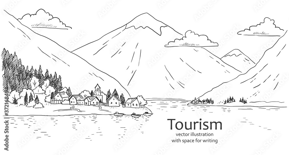 Obraz premium vector sketch of a village on the background of a lake and mountains. landscape with houses on the background of nature. lake, forest, mountains and houses. hand drawn illustration