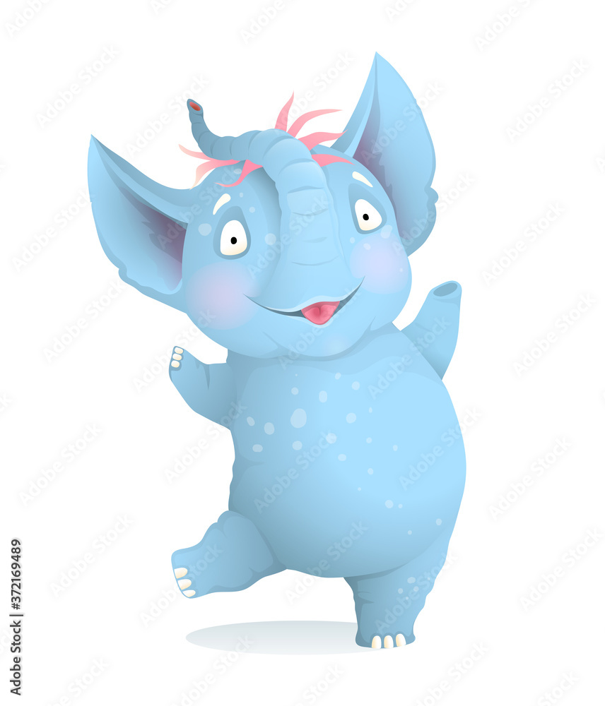 Baby girl elephant dancing and smiling happy cartoon for kids. Cute zoo animal for children isolated clip art, vector realistic 3d cartoon. Greeting cards and kids events character illustration design