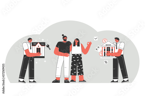 Mortgage concept. A young couple selects a mortgage to buy a dream home.