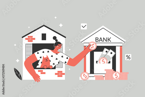 Mortgage loan concept. The character of the girl transfers money to the bank, pays the loan to the bank.