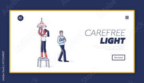 Woman changing light bulb at home standing on stool. Landing page with female fixing lightning