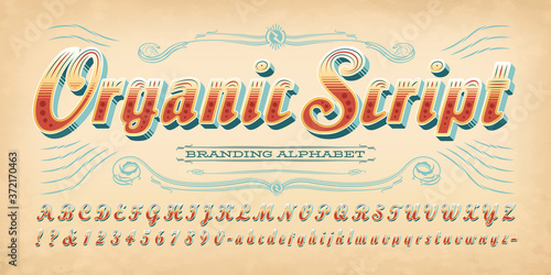 Organic Script Font Alphabet; An Ornate but Rustic Bold Cursive Lettering Style. Warm Earthy Colors Give This a Natural and Down-Home Feel. Good for Food or Natural Product Branding.