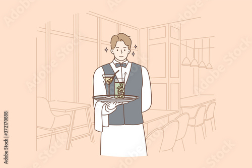 Preparation, work, job, lifestyle, drink, offer, advertising, promotion concept. Young happy smiling man guy waiter offering cocktail serving table in the cafe. Restaurant business ads illustration.