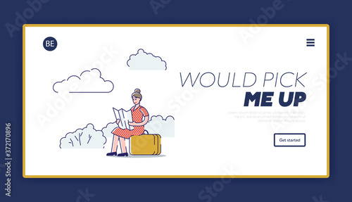 Travel landing page with woman sitting on roadside hold map and hitchhike. Young female pick up car