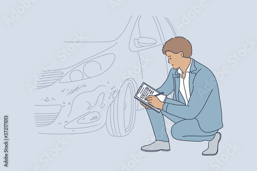 Accident, examination, checkup, automobile concept. Young professional african american man guy insurance agent examining transport vehicle after road collision and recording car damage on claim form.