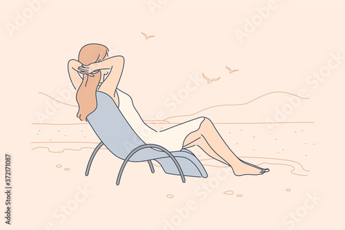Vacation, holiday, rest, tourism, relaxation concept. Young tired relaxed woman girl tourist sitting lying in lounge chair on sea beach. Summer recreation or leisure time on ocean resort illustration.