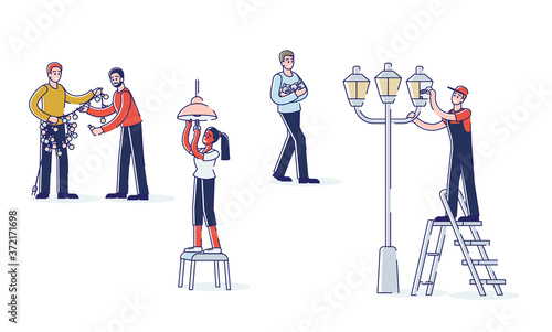 People change light bulbs in garland, street light and at home. Lightning repair concept