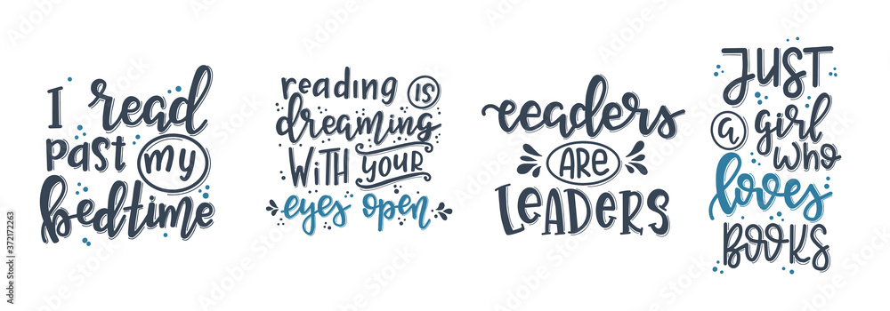 Books and reading lettering set Hand drawn typography poster. Conceptual handwritten phrase T shirt hand lettered calligraphic design. Inspirational vector Books and reading lettering set Hand drawn typography poster. Conceptual handwritten phrase T shirt hand lettered calligraphic design. Inspirational vector