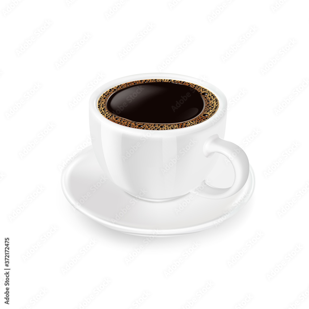Black coffee with foam, in white cup and saucer, vector icon. Black coffee with foam, in white cup and saucer, vector icon.