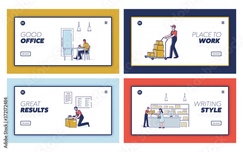 Landing pages with post and delivery concept. People in postal office sending or shipping parcels