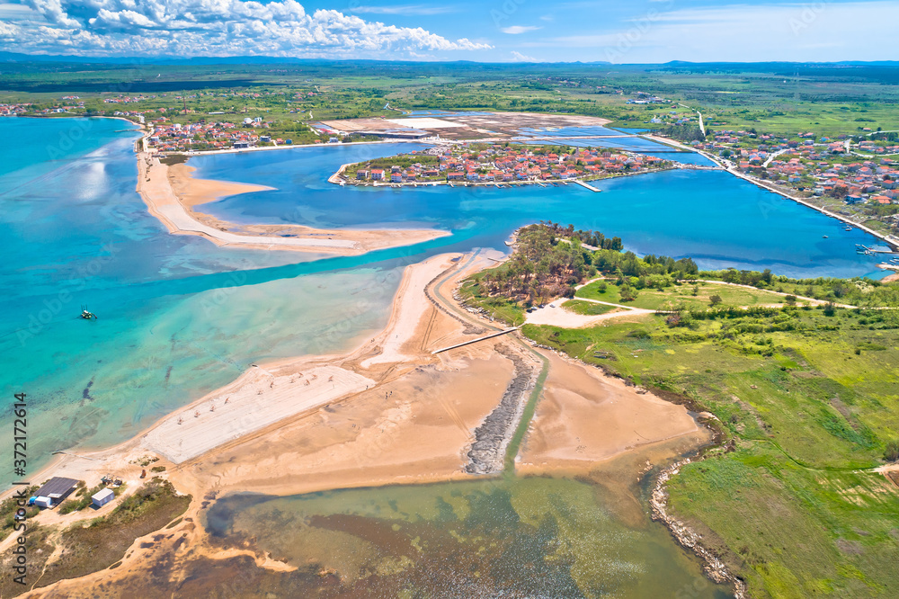 Fototapeta premium Queen's beach sandbar and town of Nin aerial view