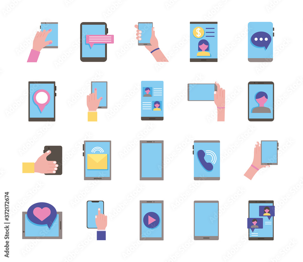 bundle of twenty smartphones devices set icons